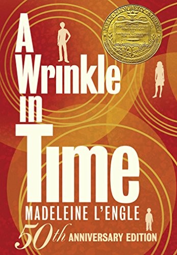 Cover of the paperback edition of A Wrinkle in Time by Madeleine L'Engle, showing Meg, Charles Wallace, and Calvin against a starry cosmic backdrop