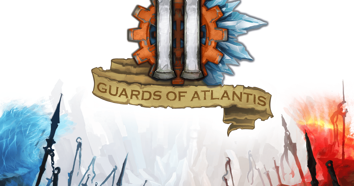 Box art for Guards of Atlantis II showing a banner logo with an ornate gear-and-crystal emblem over a fantasy battlefield