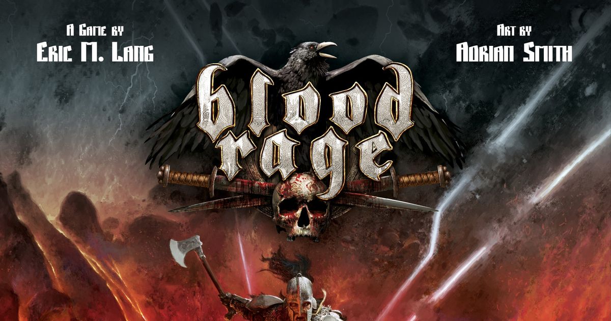 Box art for Blood Rage showing a Viking warrior wielding an axe beneath a raven and crossed swords, illustrated by Adrian Smith