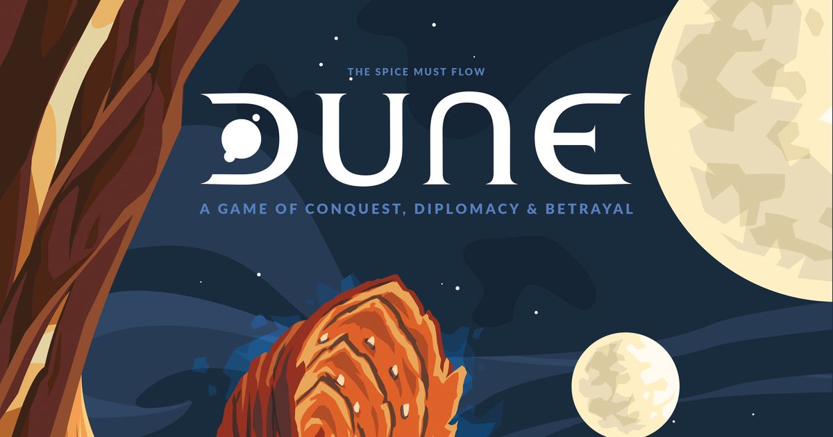Box art for the Gale Force Nine reprint of Dune, showing sandworms and desert factions across Arrakis in warm ochre tones